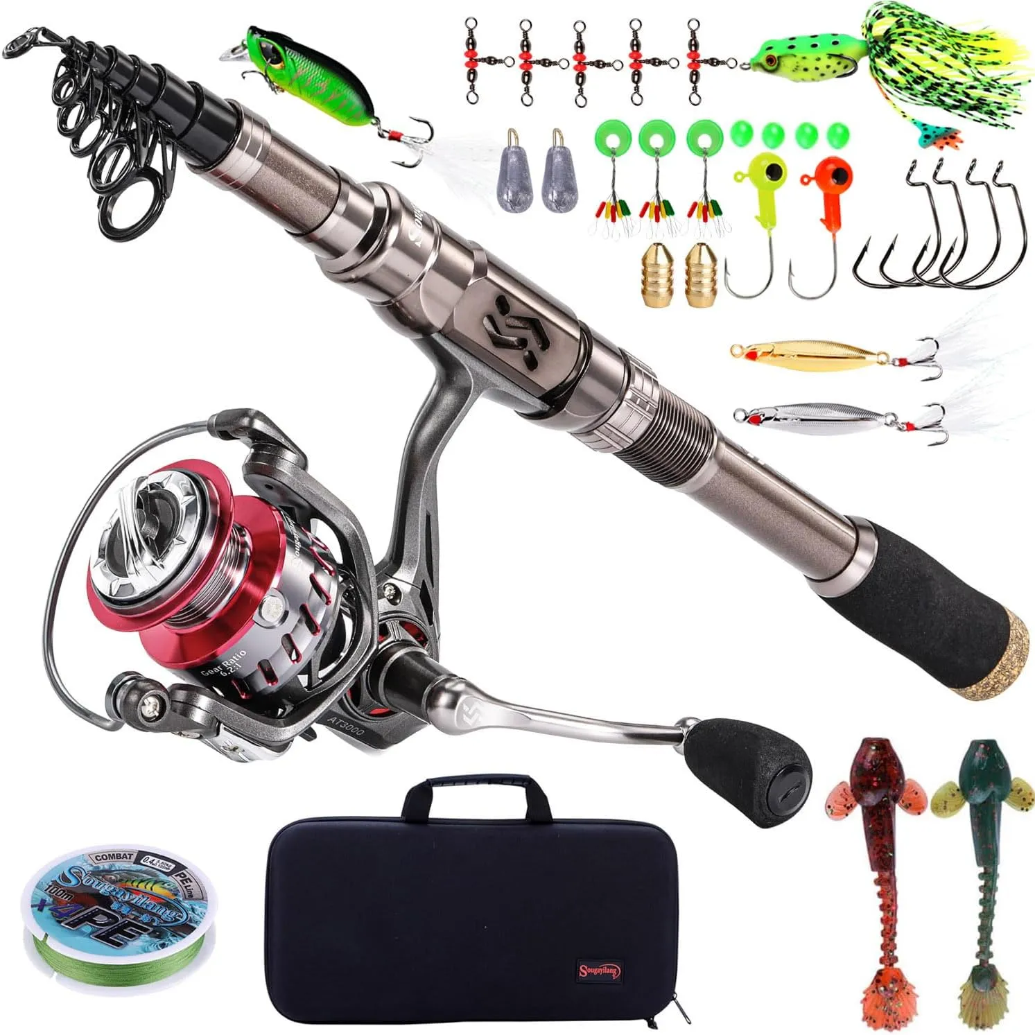 Sougayilang Fishing Rod and Reel Set Carbon Fiber Telescopic Fishing Rod 12 1BB Spinning Reel with Carry Case for Saltwater Freshwater