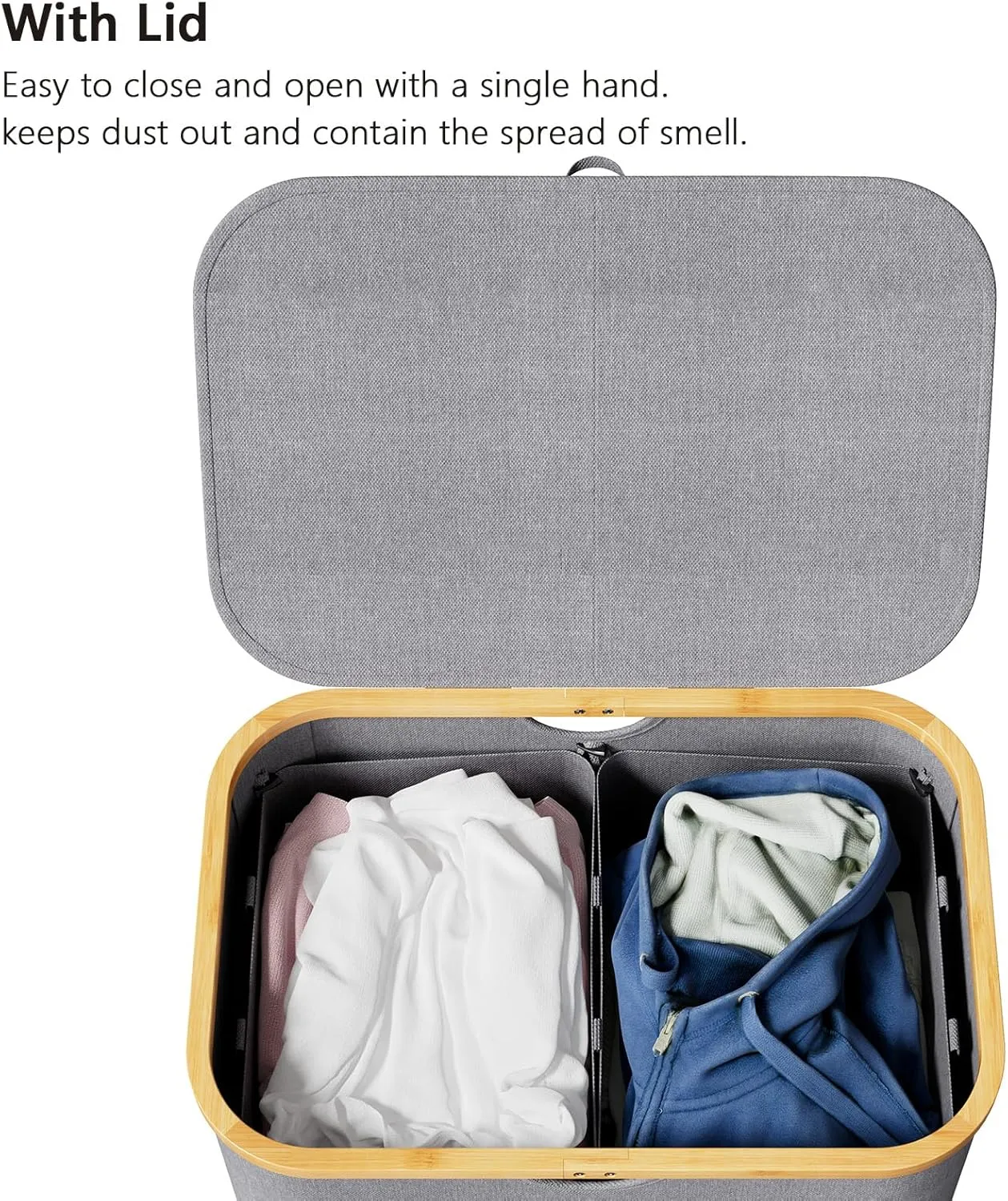 SpaceAid Double Laundry Hamper 2 Section with Lid and Removable Laundry Bags, 160L Clothes Basket with Bamboo Handles, Large Collapsible Hamper for Bedroom, Bathroom, Dorm, Laundry Room - Grey