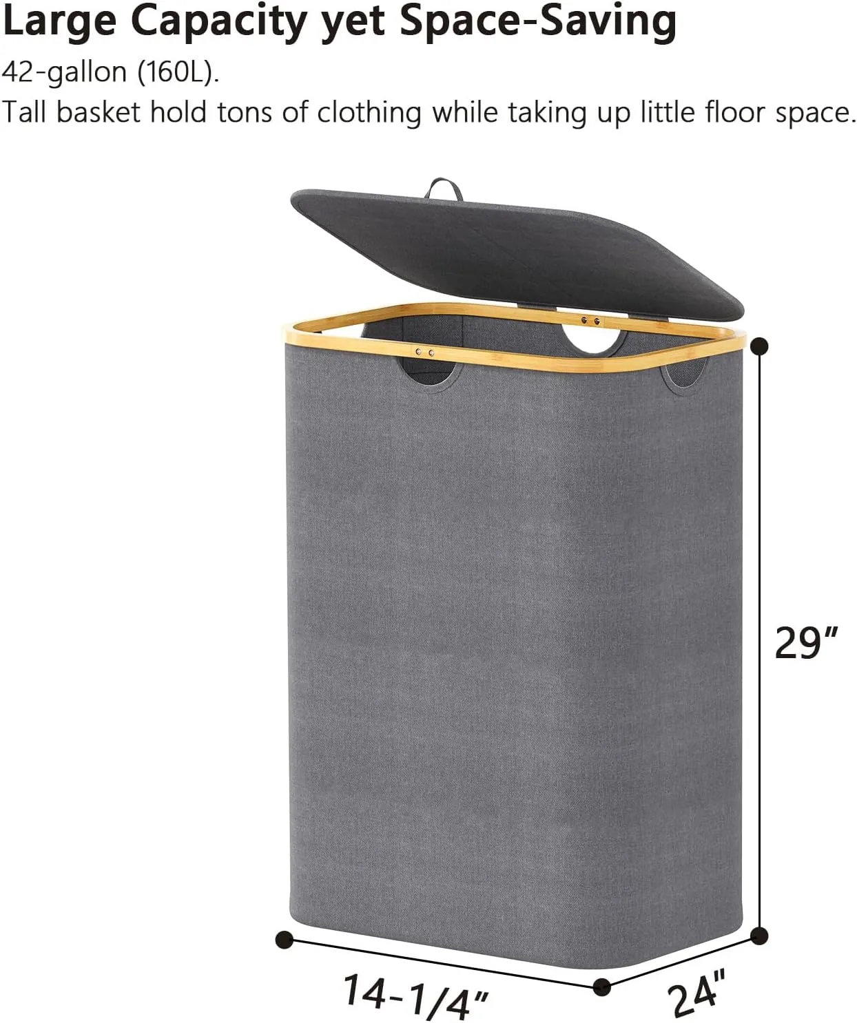 SpaceAid Double Laundry Hamper 2 Section with Lid and Removable Laundry Bags, 160L Clothes Basket with Bamboo Handles, Large Collapsible Hamper for Bedroom, Bathroom, Dorm, Laundry Room - Grey
