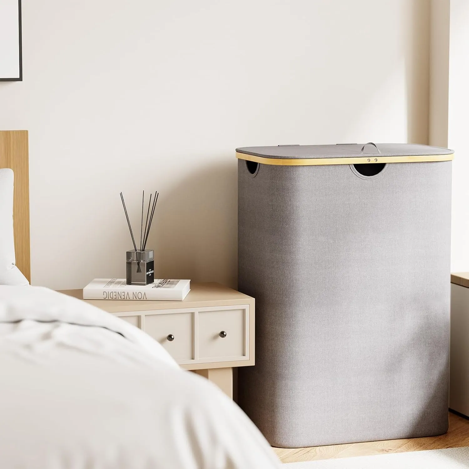 SpaceAid Double Laundry Hamper 2 Section with Lid and Removable Laundry Bags, 160L Clothes Basket with Bamboo Handles, Large Collapsible Hamper for Bedroom, Bathroom, Dorm, Laundry Room - Grey