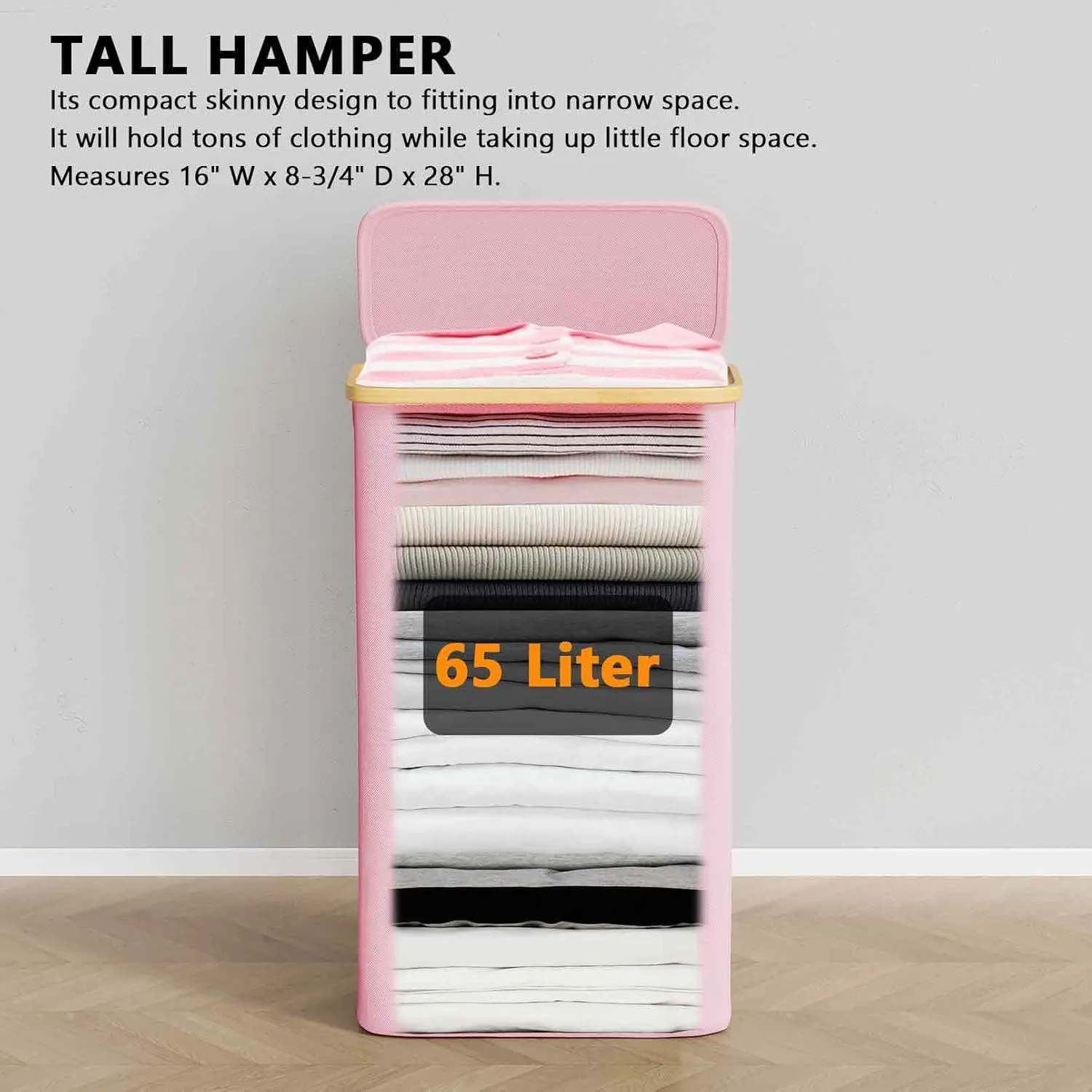 SpaceAid Slim Laundry Hamper with Lid, 65L Narrow Clothes Basket Bin with Bamboo Handles, Skinny Tall Collapsible Hamper for Bedroom, Bathroom, Dorm, Laundry Room - Pink