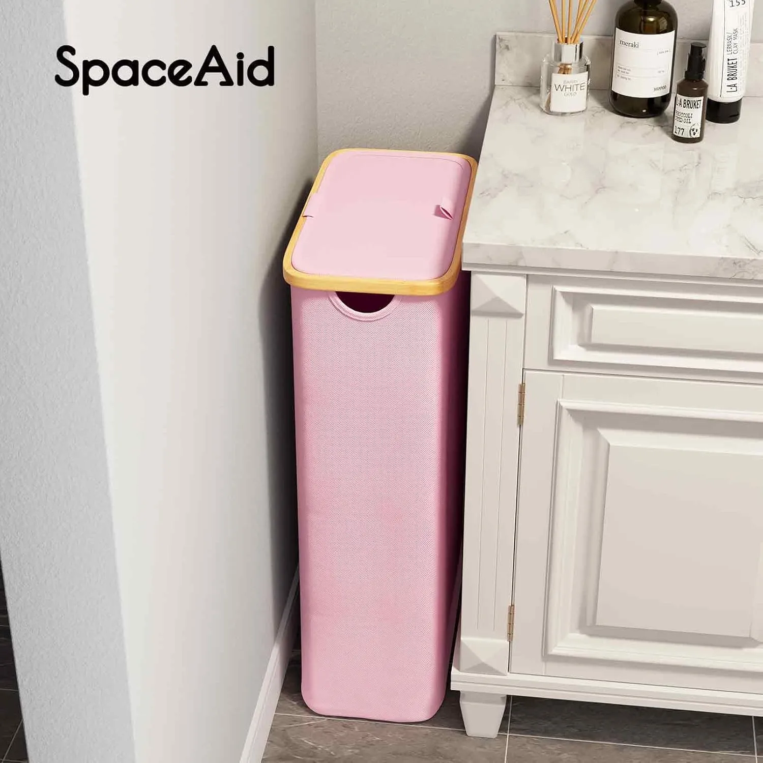 SpaceAid Slim Laundry Hamper with Lid, 65L Narrow Clothes Basket Bin with Bamboo Handles, Skinny Tall Collapsible Hamper for Bedroom, Bathroom, Dorm, Laundry Room - Pink