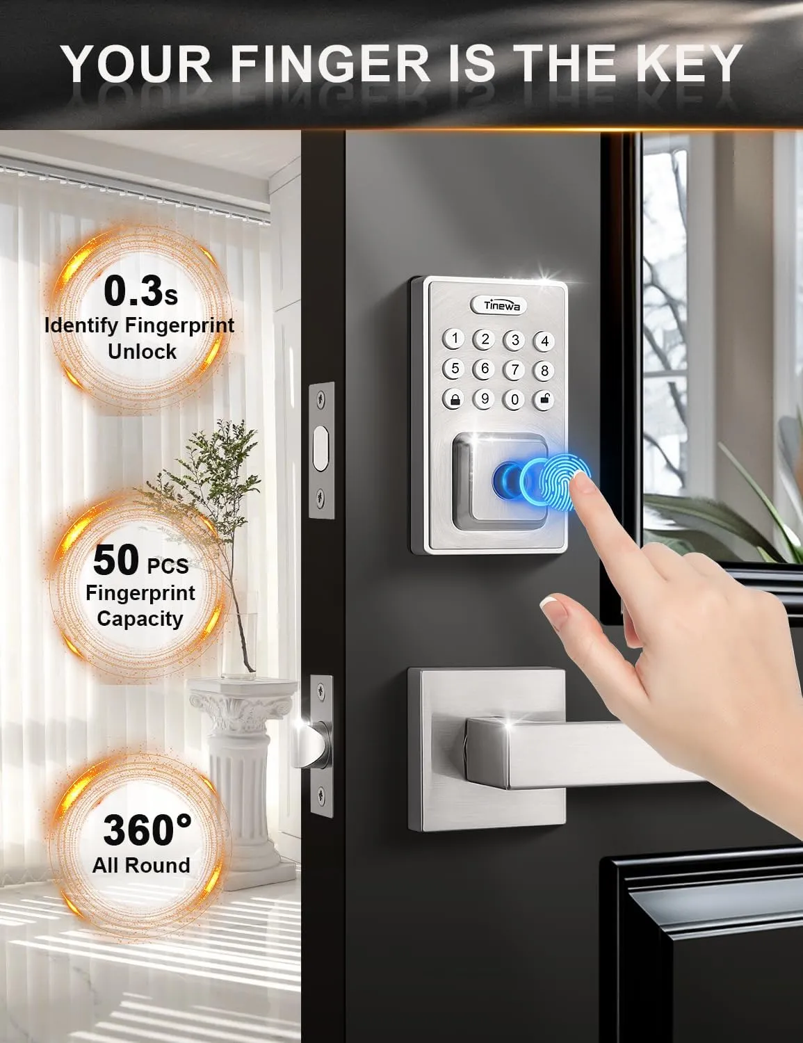 Square Keyless Entry Door Lock with 2 Lever Handles, Fingerprint Entry Door Handleset, Keypad Deadbolt with App, Auto Lock & One Touch Locking, Front Smart Door Handle Sets, Satin Nickel