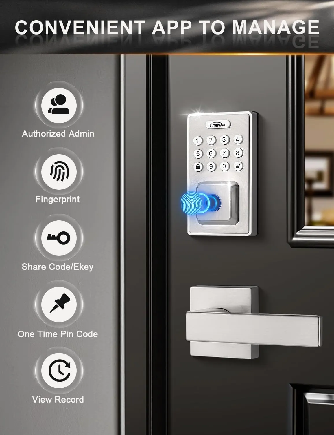 Square Keyless Entry Door Lock with 2 Lever Handles, Fingerprint Entry Door Handleset, Keypad Deadbolt with App, Auto Lock & One Touch Locking, Front Smart Door Handle Sets, Satin Nickel