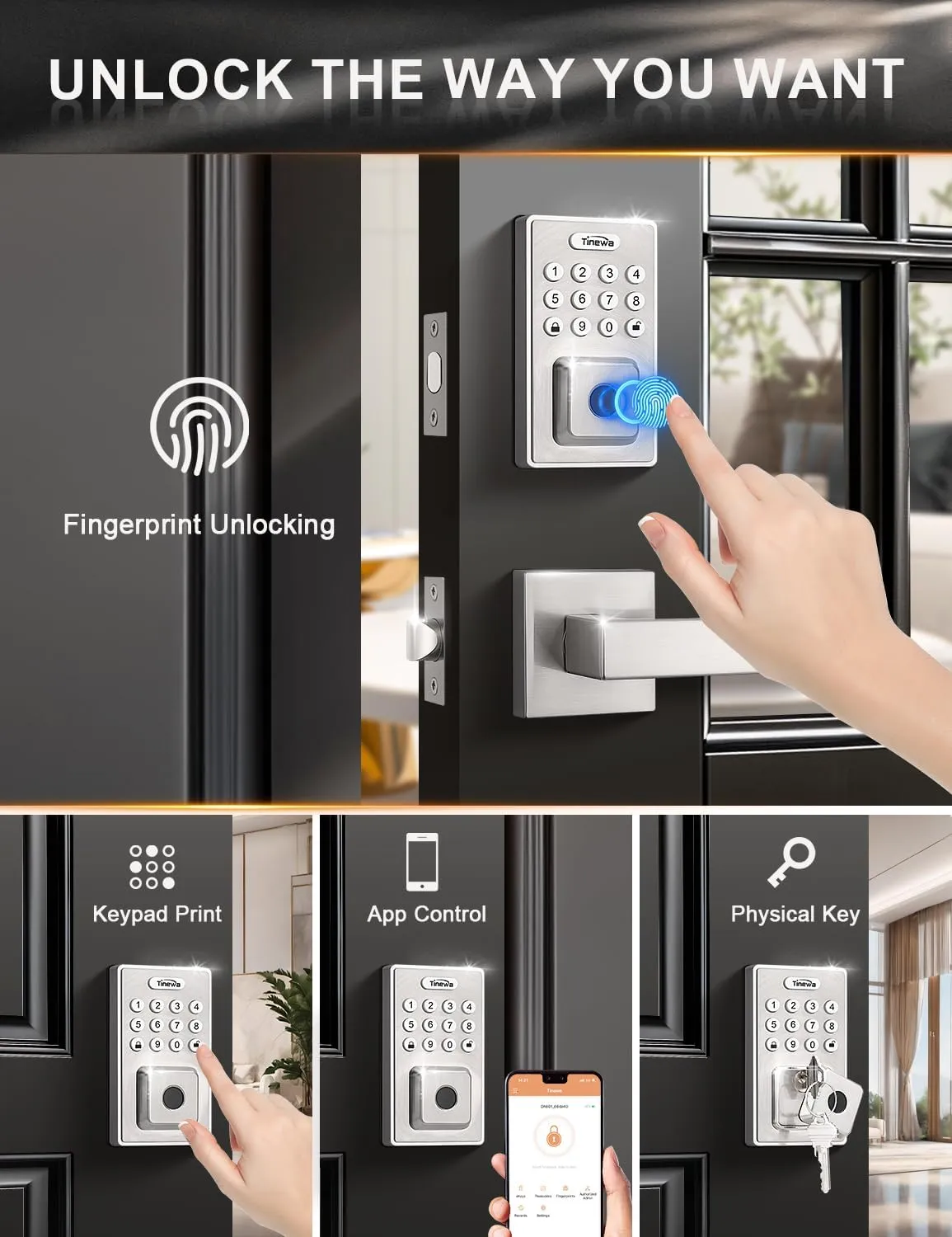 Square Keyless Entry Door Lock with 2 Lever Handles, Fingerprint Entry Door Handleset, Keypad Deadbolt with App, Auto Lock & One Touch Locking, Front Smart Door Handle Sets, Satin Nickel