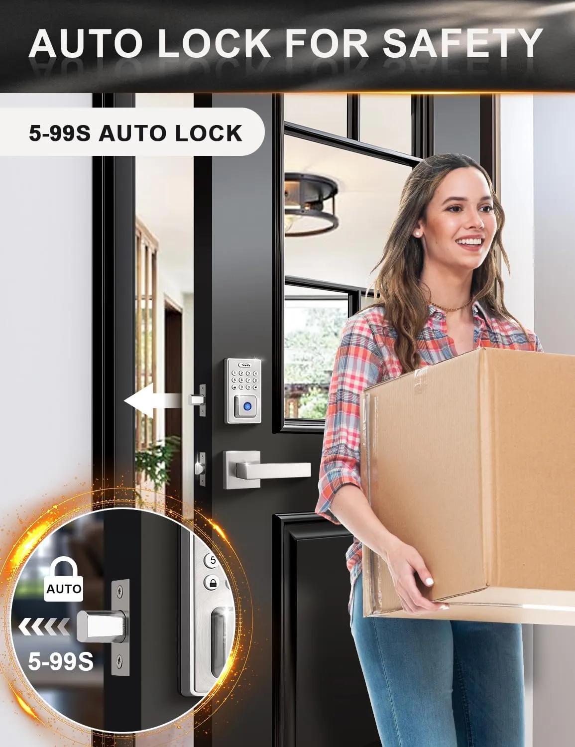 Square Keyless Entry Door Lock with 2 Lever Handles, Fingerprint Entry Door Handleset, Keypad Deadbolt with App, Auto Lock & One Touch Locking, Front Smart Door Handle Sets, Satin Nickel
