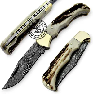 Stag Horn 6.5'' 100% Handmade Damascus Steel Folding Pocket Knife 100% Prime Quality