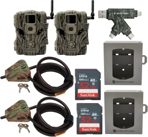 Stealth Cam Fusion X 26MP Trail Camera (Verizon) Security (2-Pack) Bundle with Security Box (2-Pack), Adjustable Locking Cable (2-Pack), 32GB Memory Card (2-Pack), and 4-in-1 Card Reader (9 Items)