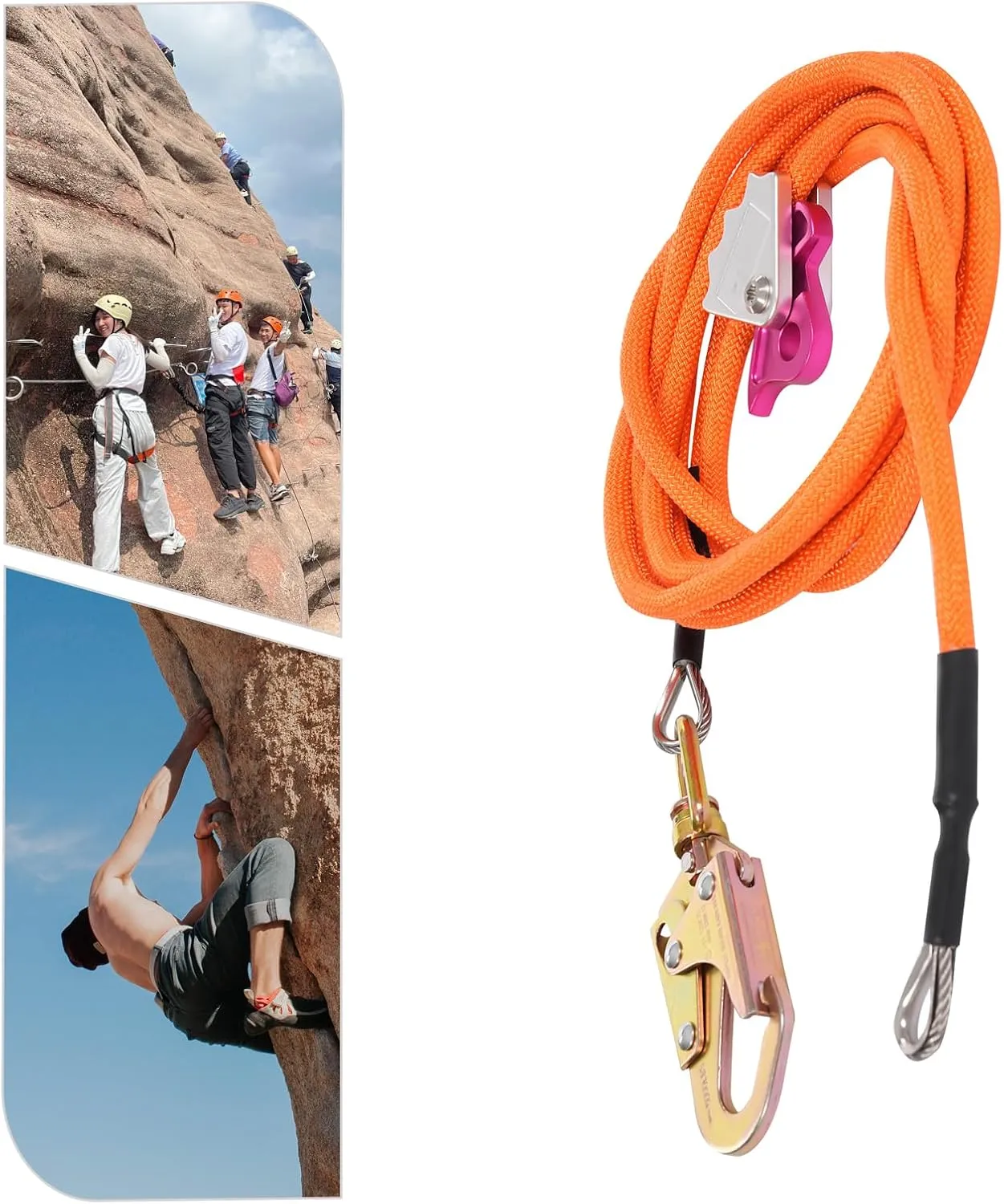 Steel Wire Core Flip Line Kit, 1/2" x 16FT Wire Core Flipline with Triple Lock Carabiner Flipline for Climbing Tree Adjustable Lanyard for Arborists Climbers Tree Climbers