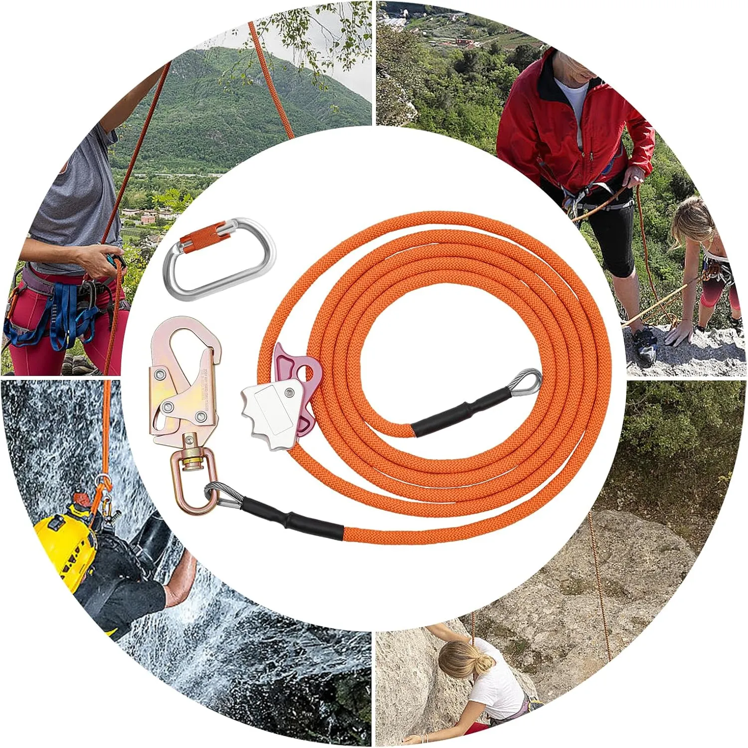 Steel Wire Core Flip Line Kit, Professional Safety Sling Device, Wire Core Flipline Set with Triple Lock Carabiner and Steel Swivel Snap Wire for Climbing, Roofing, Rescue (1/2in*14ft)