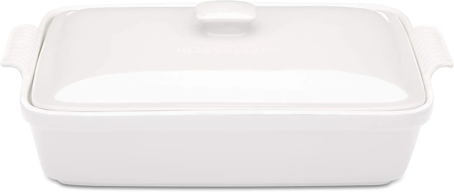 Stoneware Casserole Dish Bakeware Set with Lid, Covered Rectangular Dinnerware, Extra Large 4.23 Quart, 13 by 9 Inch, Bianco [White]