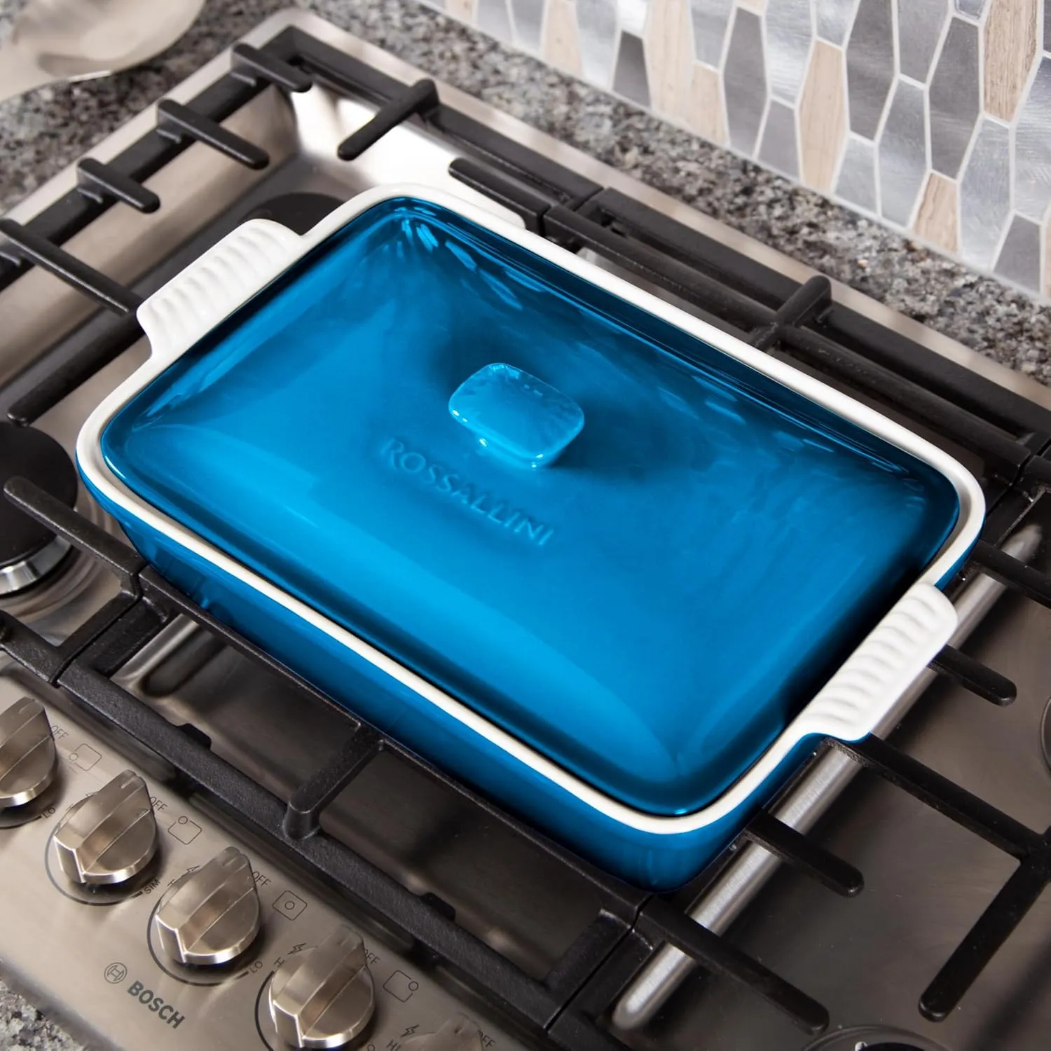 Stoneware Casserole Dish Bakeware Set with Lid, Covered Rectangular Dinnerware, Extra Large 4.23 Quart, 13 by 9 Inch, Ocean Blue