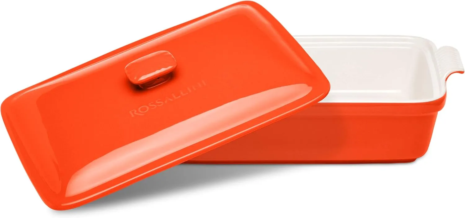 Stoneware Casserole Dish Bakeware Set with Lid, Covered Rectangular Dinnerware, Large 3.2 Quart, 11 by 9 Inch, Rosso [Red]