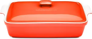 Stoneware Casserole Dish Bakeware Set with Lid, Covered Rectangular Dinnerware, Large 3.2 Quart, 11 by 9 Inch, Rosso [Red]