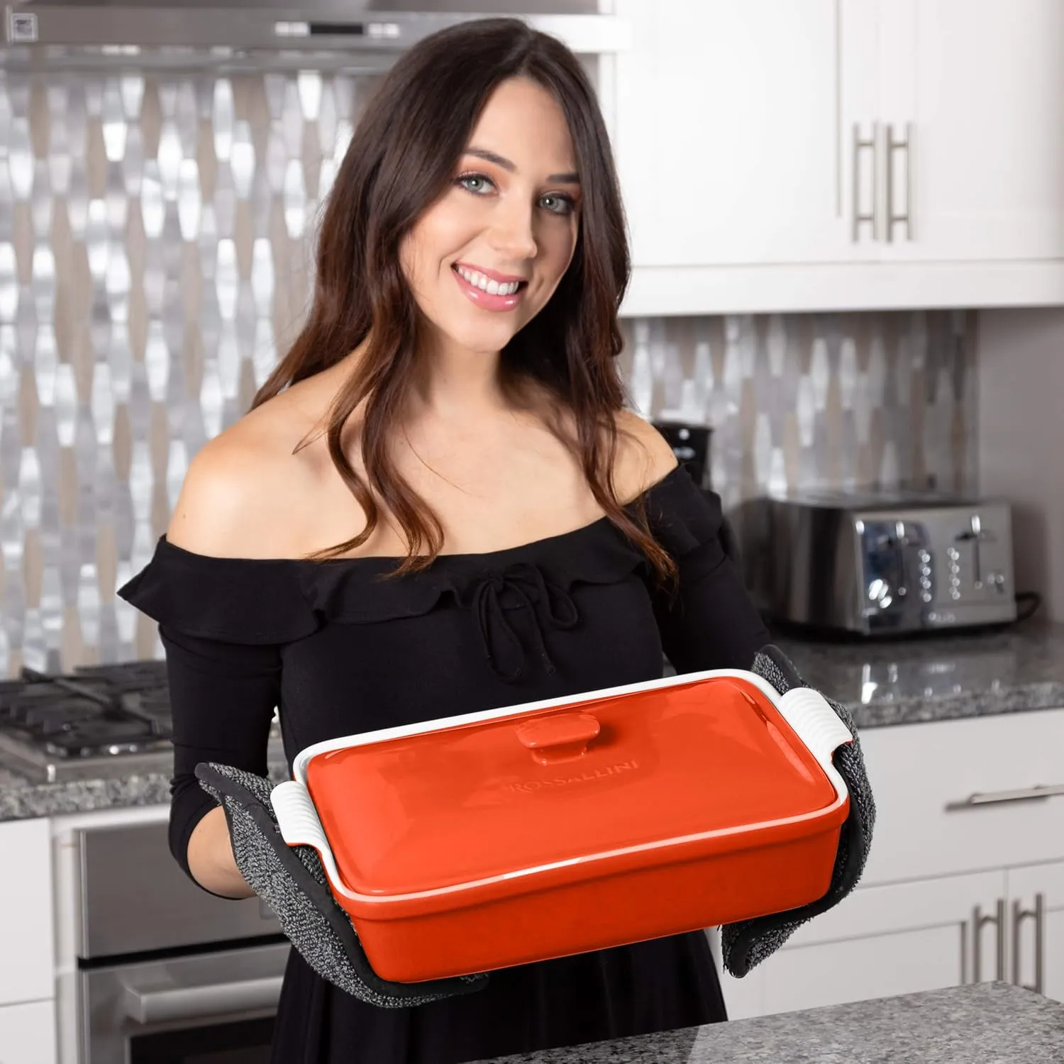 Stoneware Casserole Dish Bakeware Set with Lid, Covered Rectangular Dinnerware, Large 3.2 Quart, 11 by 9 Inch, Rosso [Red]