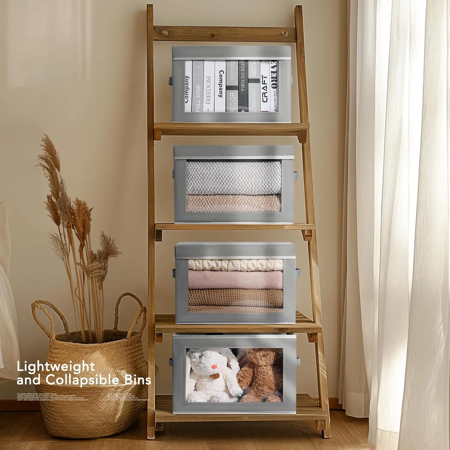 Storage Bins with Lids - Fabric Storage Bins with Handles, Foldable Closet Organizers and Storage, Storage Boxes with Window for Closet, Clothes, Towels (Grey, Set of 4)