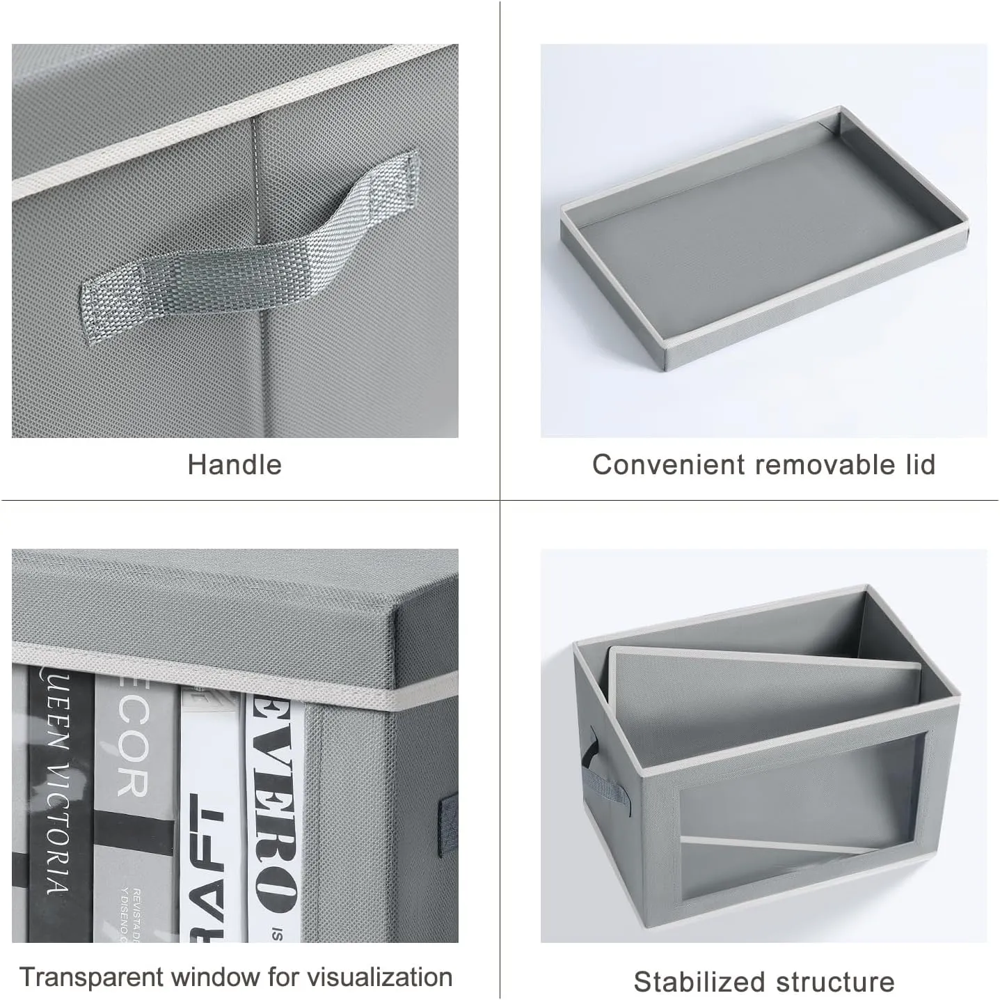 Storage Bins with Lids - Fabric Storage Bins with Handles, Foldable Closet Organizers and Storage, Storage Boxes with Window for Closet, Clothes, Towels (Grey, Set of 4)