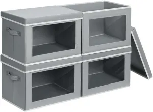 Storage Bins with Lids - Fabric Storage Bins with Handles, Foldable Closet Organizers and Storage, Storage Boxes with Window for Closet, Clothes, Towels (Grey, Set of 4)