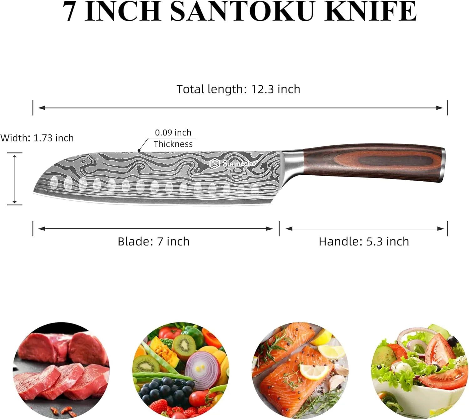 Sunnecko Chef Knife Sharp Santoku Knife 7 Inch, High Carbon Stainless Steel Chopping Knife Vegetables, Cooking Knife with Wood Handle, Gifts for Men and Women