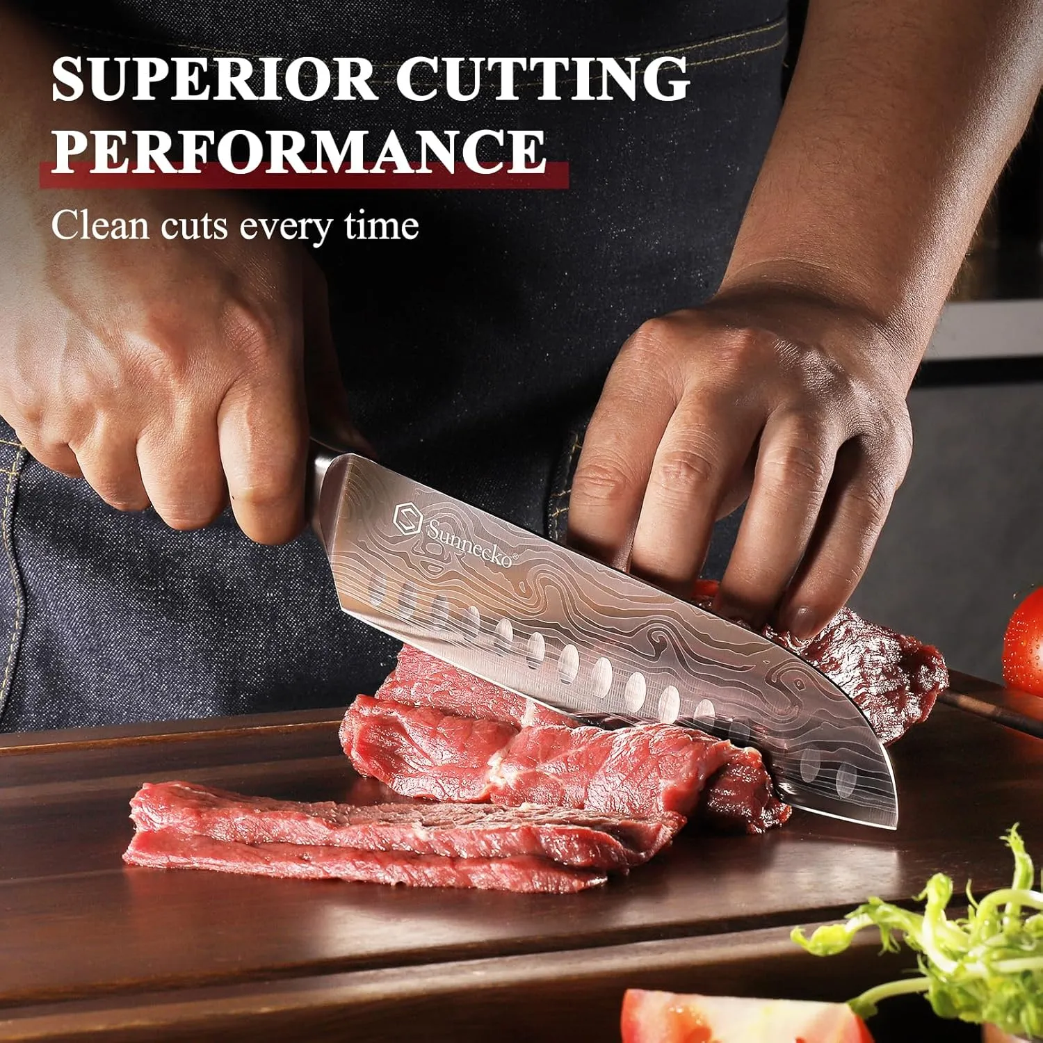 Sunnecko Chef Knife Sharp Santoku Knife 7 Inch, High Carbon Stainless Steel Chopping Knife Vegetables, Cooking Knife with Wood Handle, Gifts for Men and Women