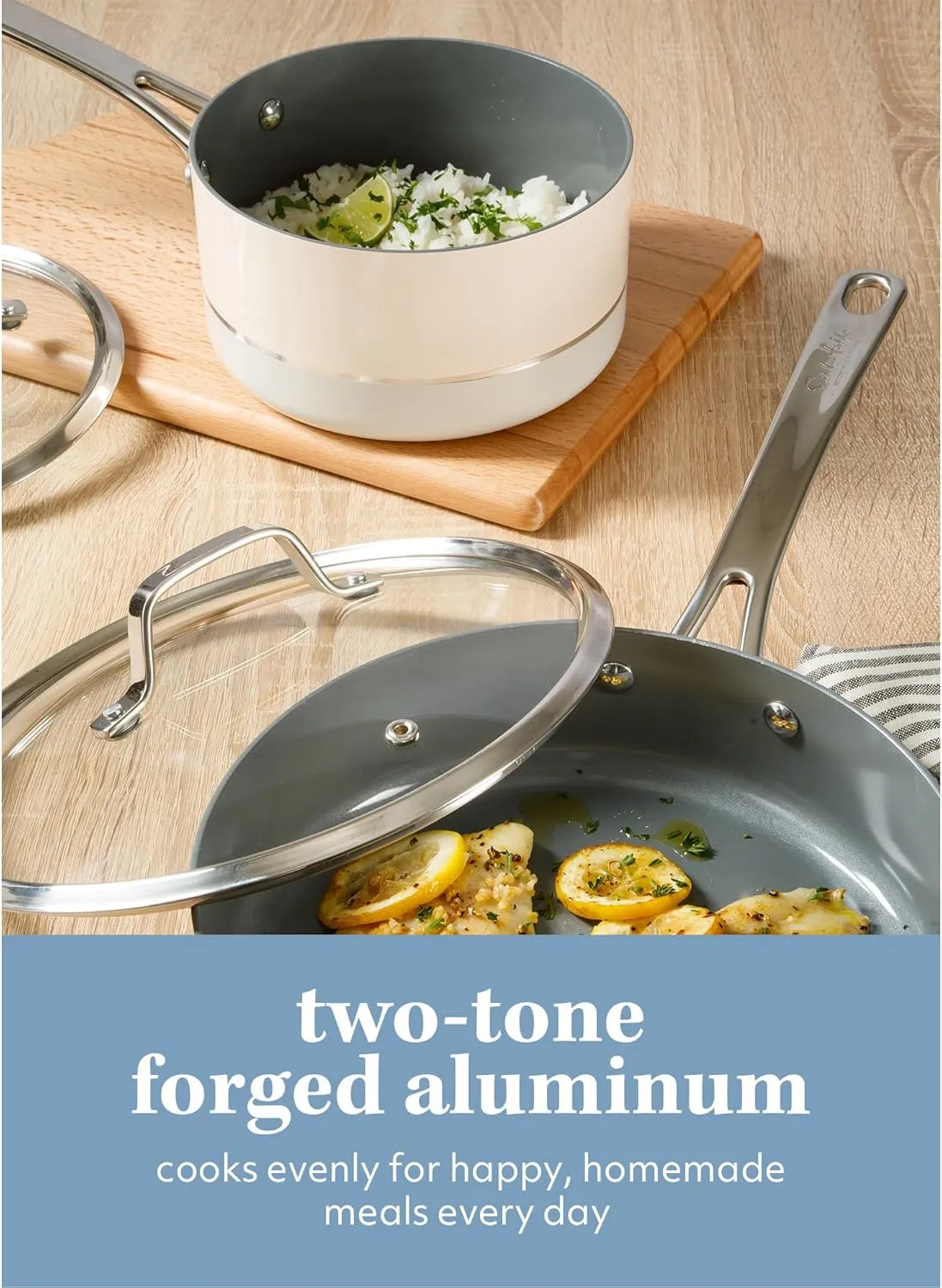 Sur La Table Kitchen Essentials Viva La Cantina 10 Piece PFA Free Titanium Ceramic Nonstick Interior Forged Aluminum Cookware Pots and Pans Set - 2 Tone White & Silver - Induction Compatible