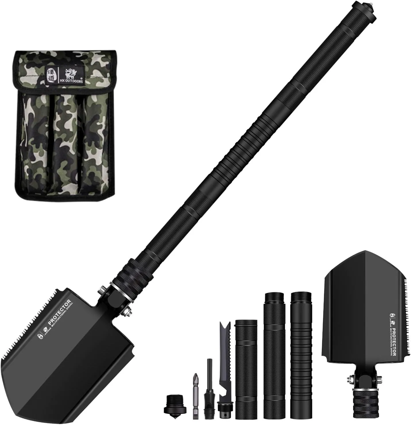 Survival Shovel Folding Tactical Shovel Aerospace-Grade Aluminum Camping Shovel Multifunctional Multitool Ultra-Light & Solid Collapsible Spade Emergency Kit with Carry Bag (26.6")