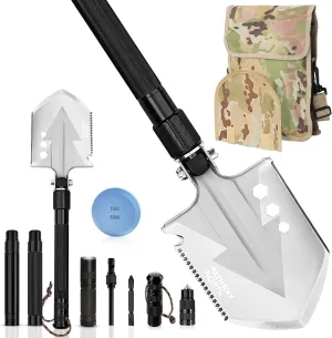 Survival Shovel Stainless Steel Folding Multi-Tool Survival Flashlight – Equipment for Outdoor With Self Defense Hiking Stick Hunting Emergency Survival Kit For Backpacking, Camping Gear