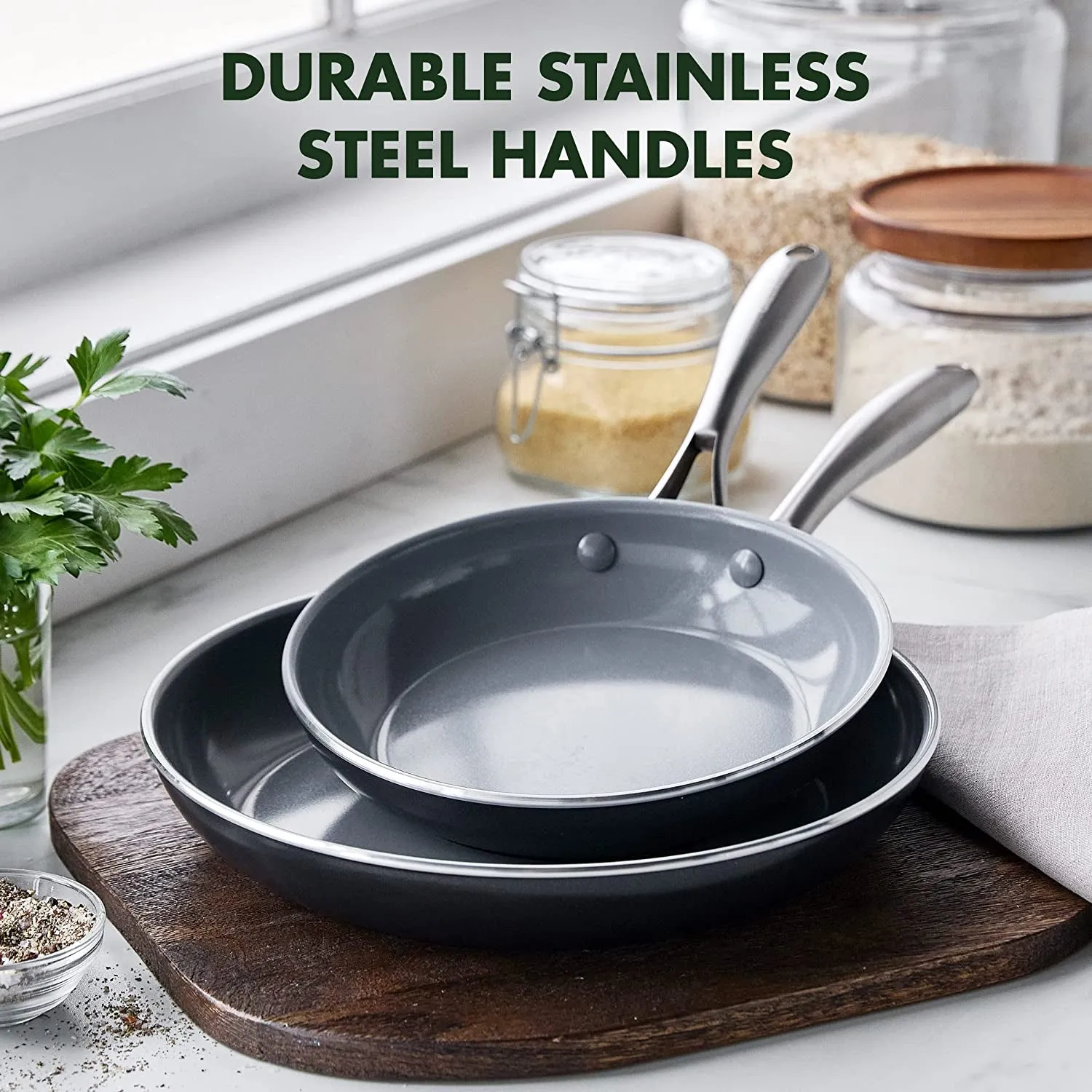 Swift Healthy Ceramic Nonstick, 8" and 10" Frying Pan Skillet Set, Stainless Steel Handles, Pfas-Free, Dishwasher Safe, Oven Safe, Black