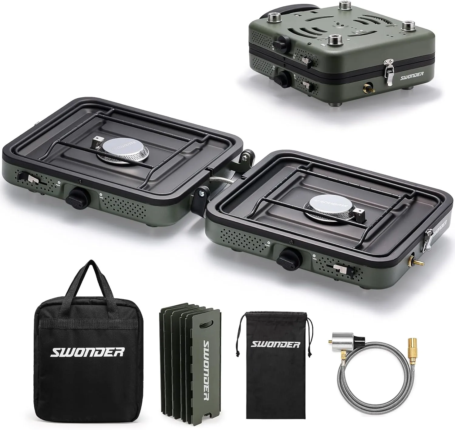 Swonder Portable 2-Burner Camping Stove with Windscreen - 17,500 BTU Propane Stove, Foldable Design, Adjustable Flame Control, Stainless Steel Construction, Includes Waterproof Carry Bag