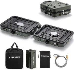 Swonder Portable 2-Burner Camping Stove with Windscreen - 17,500 BTU Propane Stove, Foldable Design, Adjustable Flame Control, Stainless Steel Construction, Includes Waterproof Carry Bag