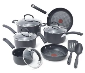 T-FAL E765SC ULTIMATE HARD ANODIZED SCRATCH RESISTANT TITANIUM NONSTICK THERMO-SPOT HEAT INDICATOR ANTI-WARP BASE DISHWASHER SAFE OVEN SAFE PFOA FREE COOKWARE SET, 12-PIECE, GRAY