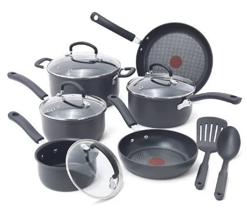 T-FAL E765SC ULTIMATE HARD ANODIZED SCRATCH RESISTANT TITANIUM NONSTICK THERMO-SPOT HEAT INDICATOR ANTI-WARP BASE DISHWASHER SAFE OVEN SAFE PFOA FREE COOKWARE SET, 12-PIECE, GRAY