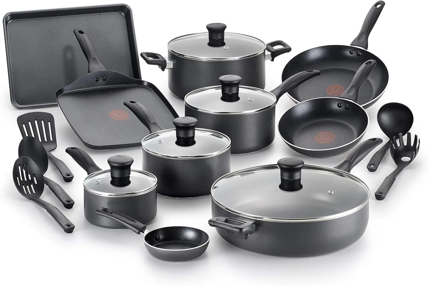 T-fal Everything in Kitchen Total Nonstick Diswasher Safe Pots and Pans Cookware Set, 20-PC, Black