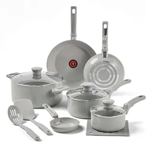 T-Fal Refresh Ceramic Nonstick Cookware Set, 12-Piece, Made without PFOA and PTFE, Oven and Broiler Safe up to 350°F, Includes Stockpot, Griddle, Frying Pans, and Utensils, Pots and Pans, Moon Grey