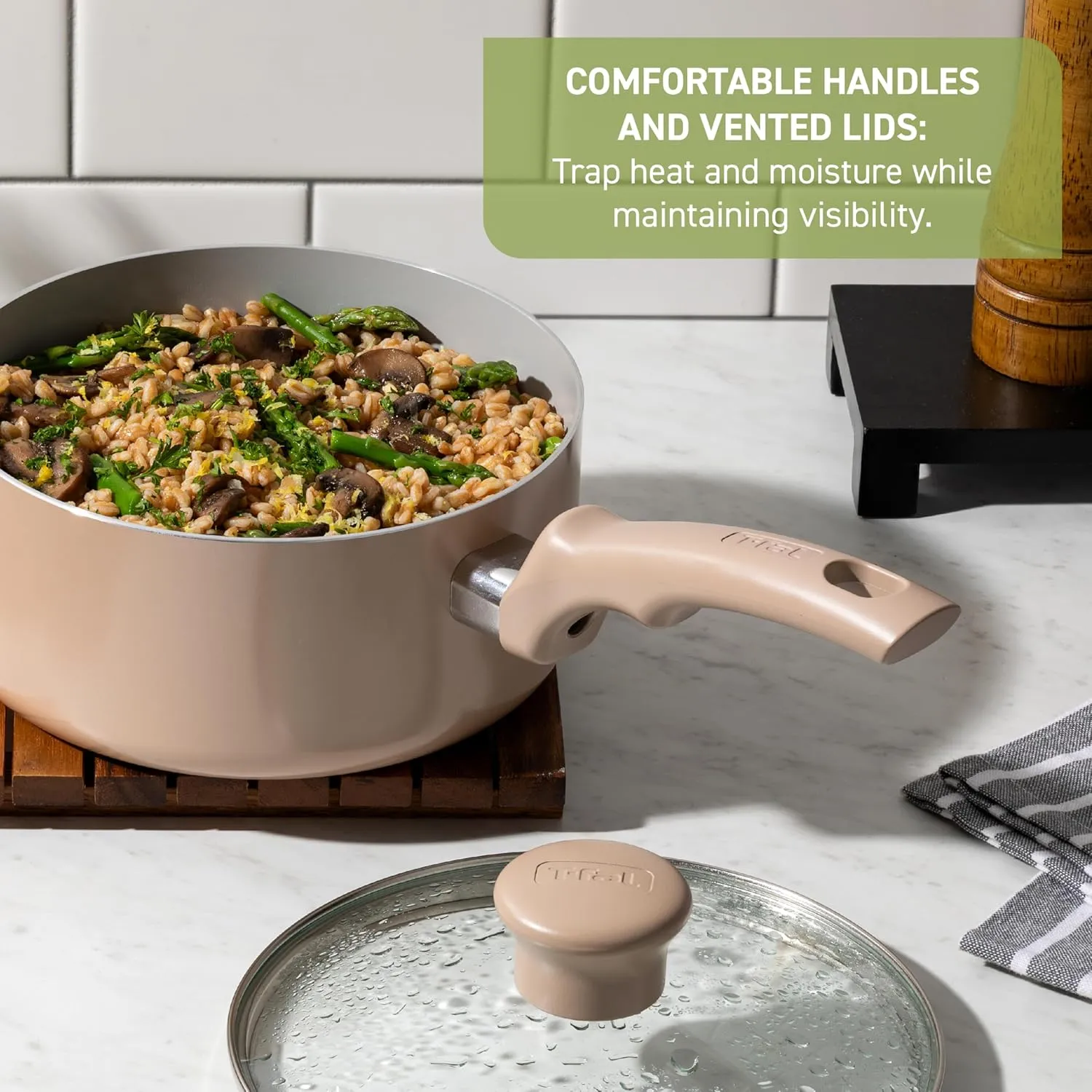 T-Fal Refresh Ceramic Nonstick Cookware Set, 12-Piece, Made without PFOA and PTFE, Oven and Broiler Safe up to 350°F, Includes Stockpot, Griddle, Frying Pans, and Utensils, Pots and Pans, Moon Grey