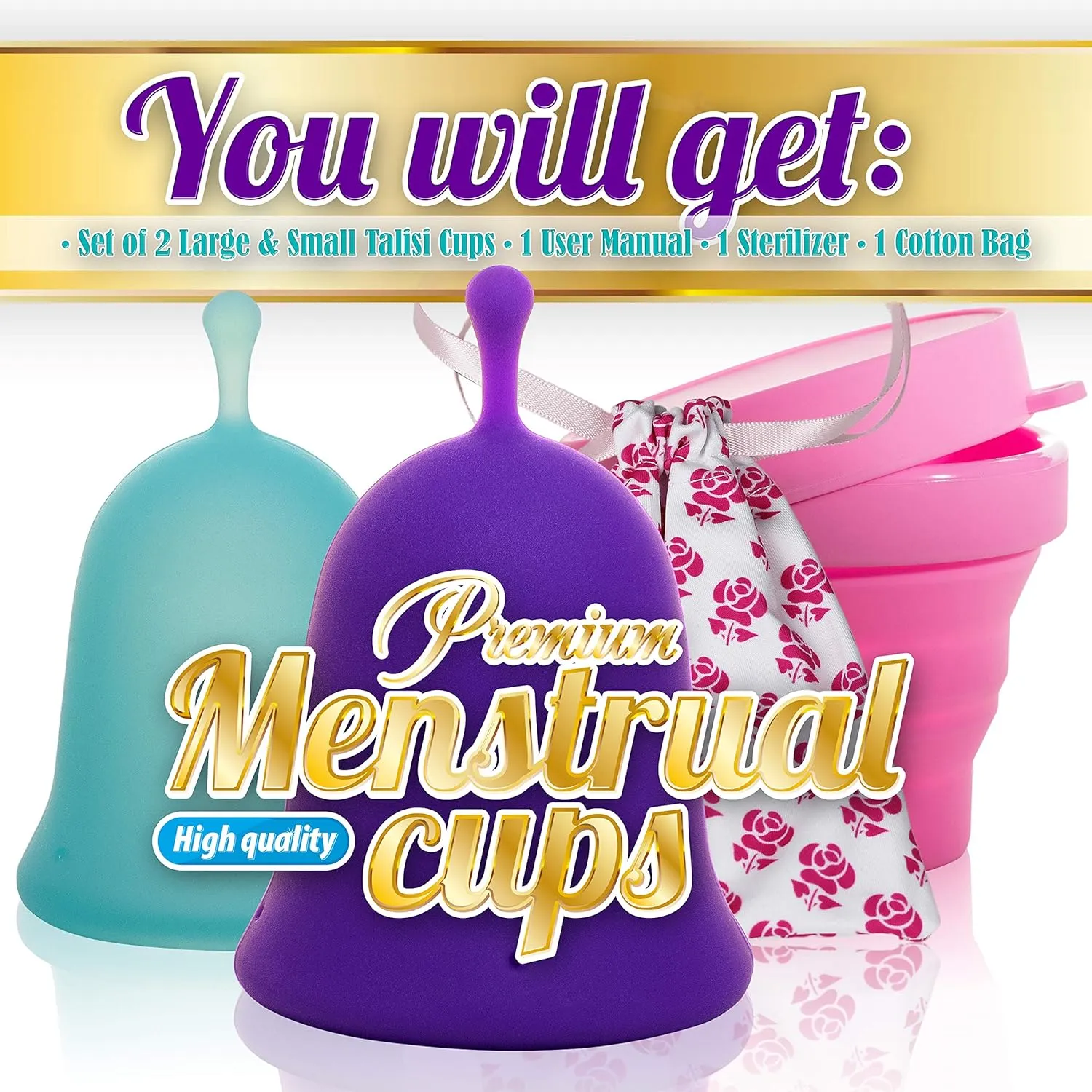 Talisi Menstrual Cups Set of 2 with Collapsible Silicone Sterilizer - Super Soft Reusable Period Kit - for Regular Heavy Flow (Small & Large) - Best Tampon and Pad Alternative, Feminine Hygiene Copa