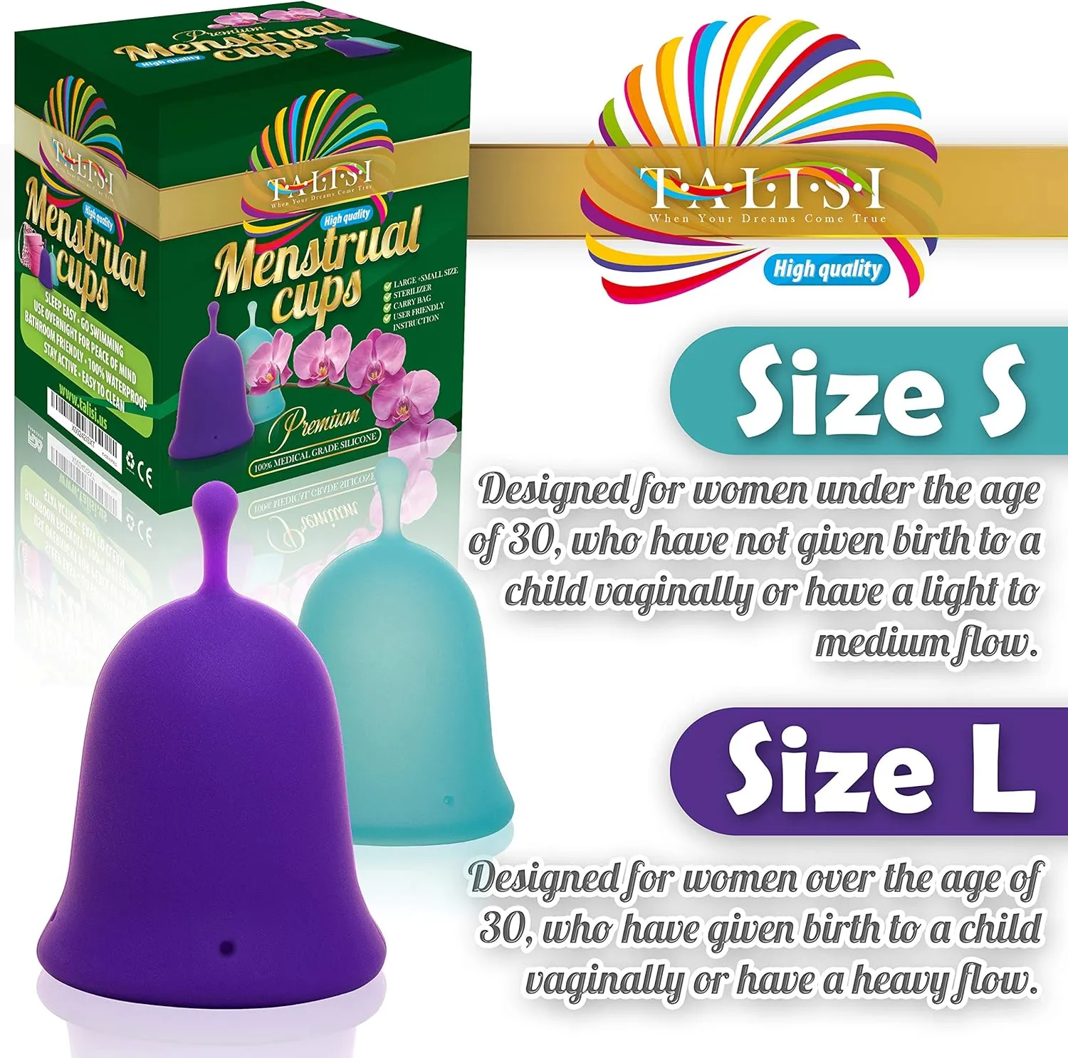 Talisi Menstrual Cups Set of 2 with Collapsible Silicone Sterilizer - Super Soft Reusable Period Kit - for Regular Heavy Flow (Small & Large) - Best Tampon and Pad Alternative, Feminine Hygiene Copa