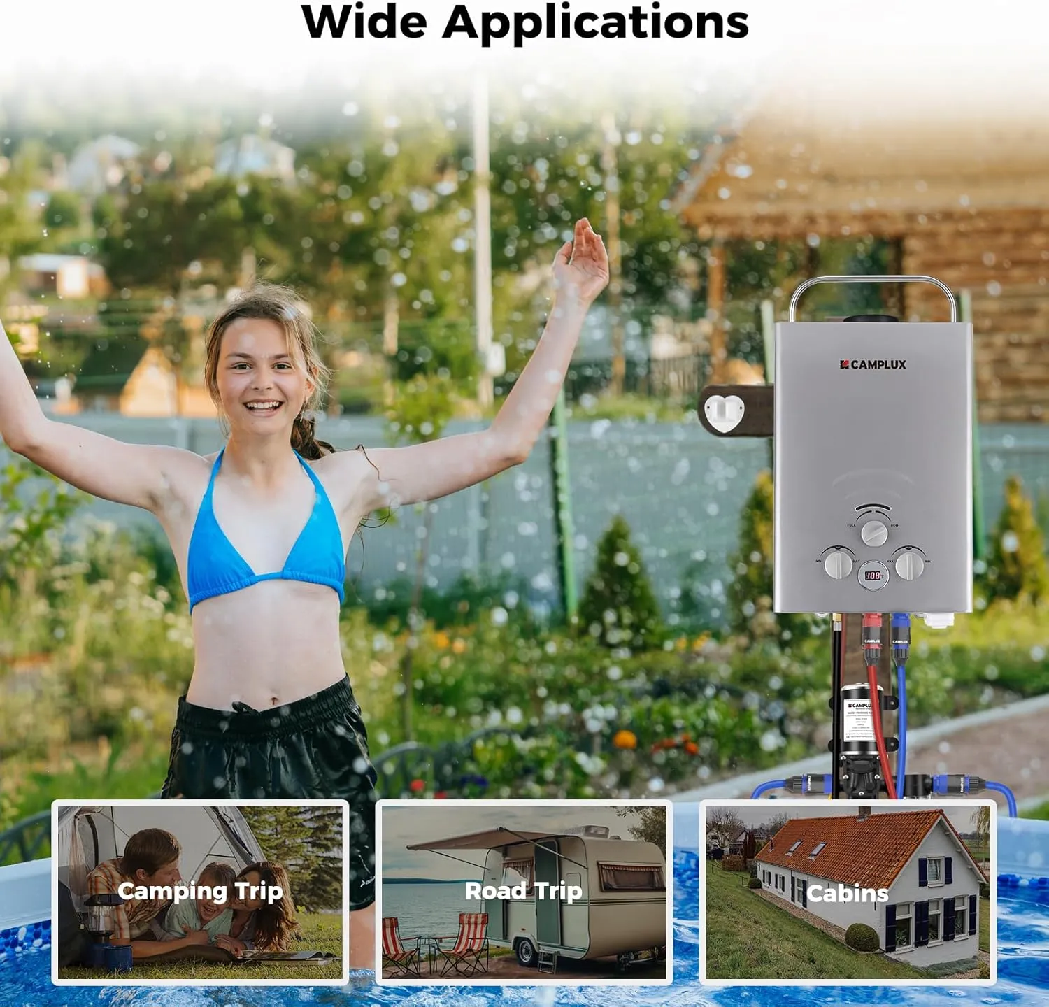 Tankless Water Heater, Camplux 1.58 GPM Propane Portable Water Heater With Pump Kit, Gray, BW158GP60