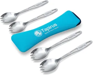 Tapirus Stainless Steel Classic Sporks Set of 4 - Save Space When Camping, Hiking or Backpacking - Heavy Duty Fire Proof Metal Tool - Long Handle, Reusable and Extra Light for Travel - with Case