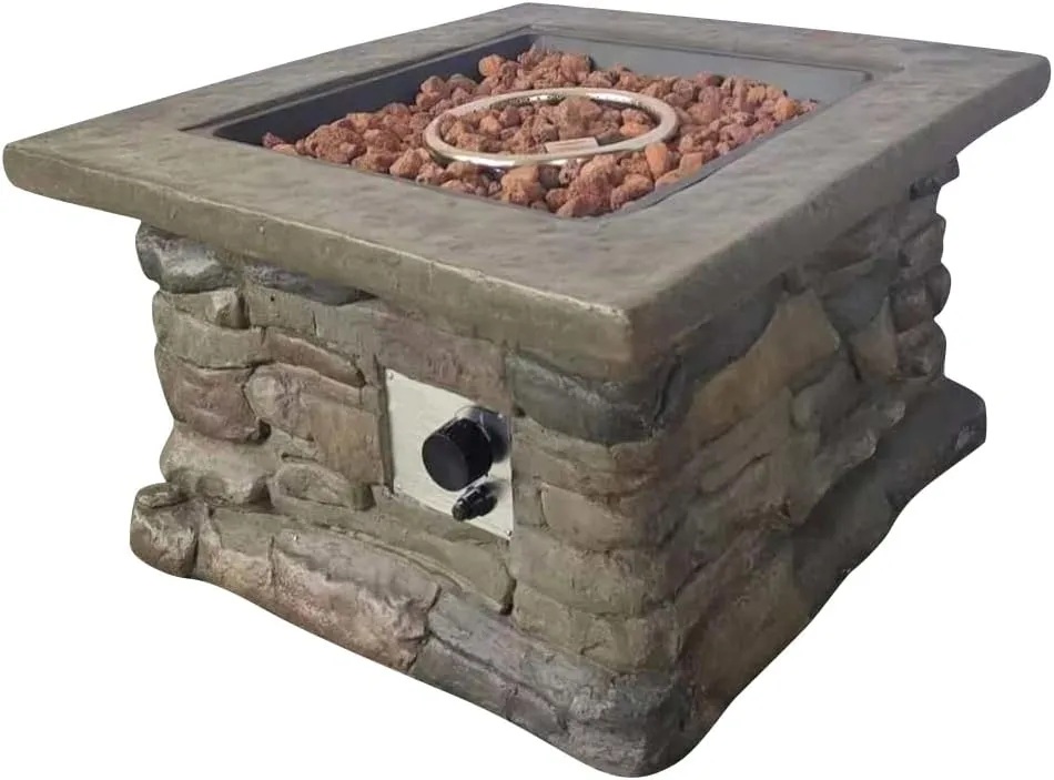 The Cold Remedy Outdoor Propane Fire Pit Table w Cultured Faux Fake Stone, Lava Rocks & Cover - 40,000 BTU (30 X 30 X 18)