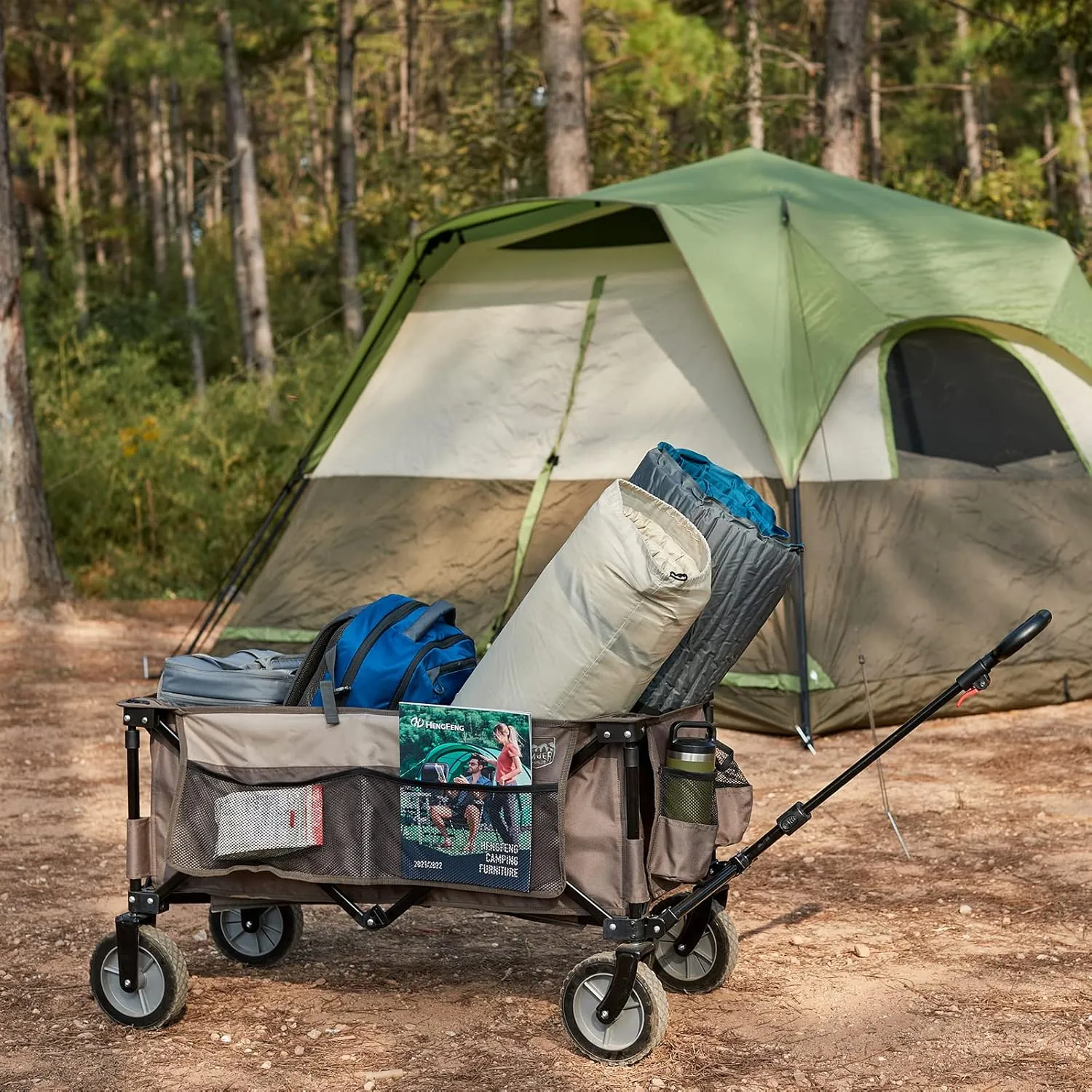 TIMBER RIDGE Collapsible Outdoor Folding Wagon Cart Heavy Duty Camping Patio Shopping Garden Cart with Side Bag Cup Holder, Tan