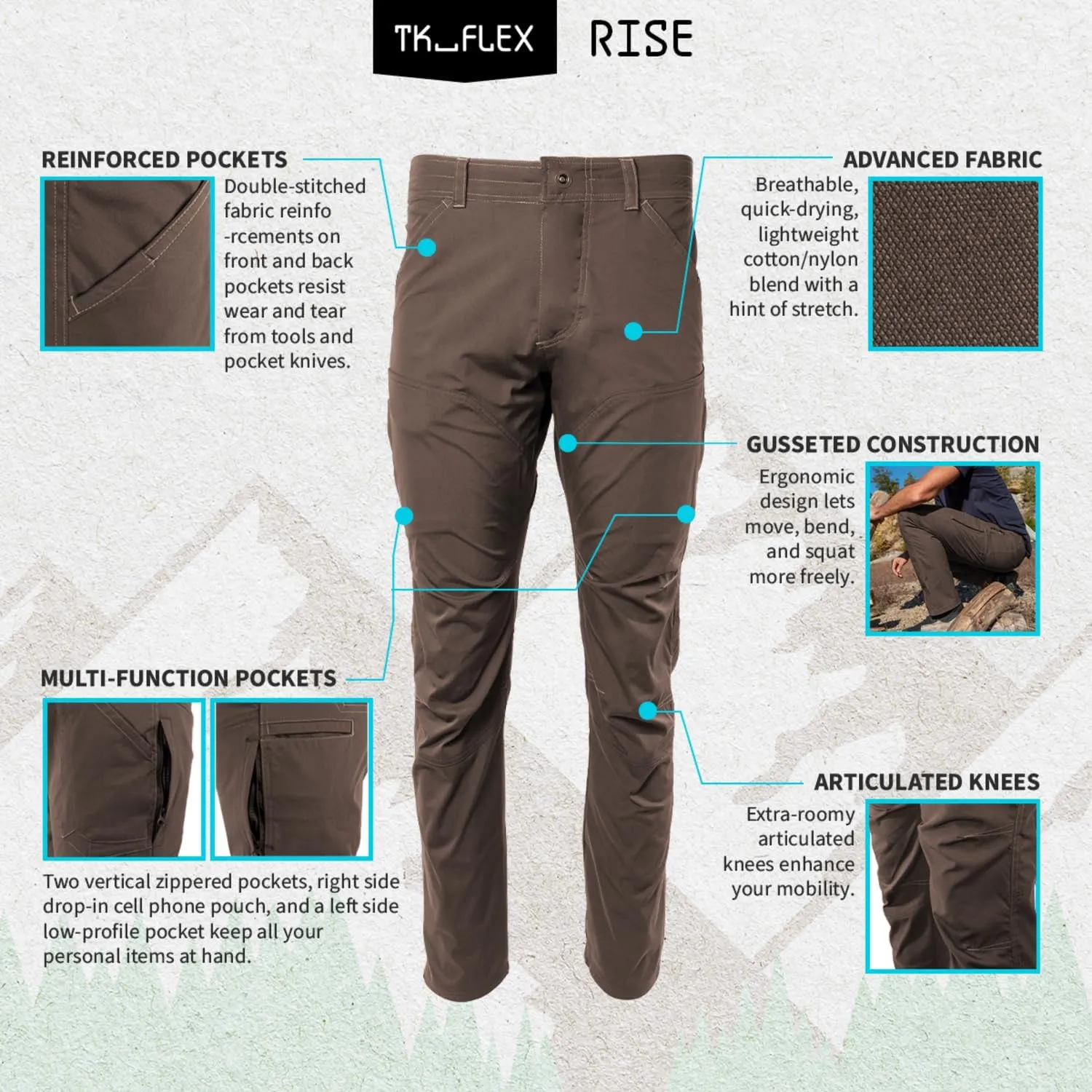 TK Flex Rise Men's Technical Pants Quick Dry Breathable Outdoor Hiking 8 Pockets Deep Gray