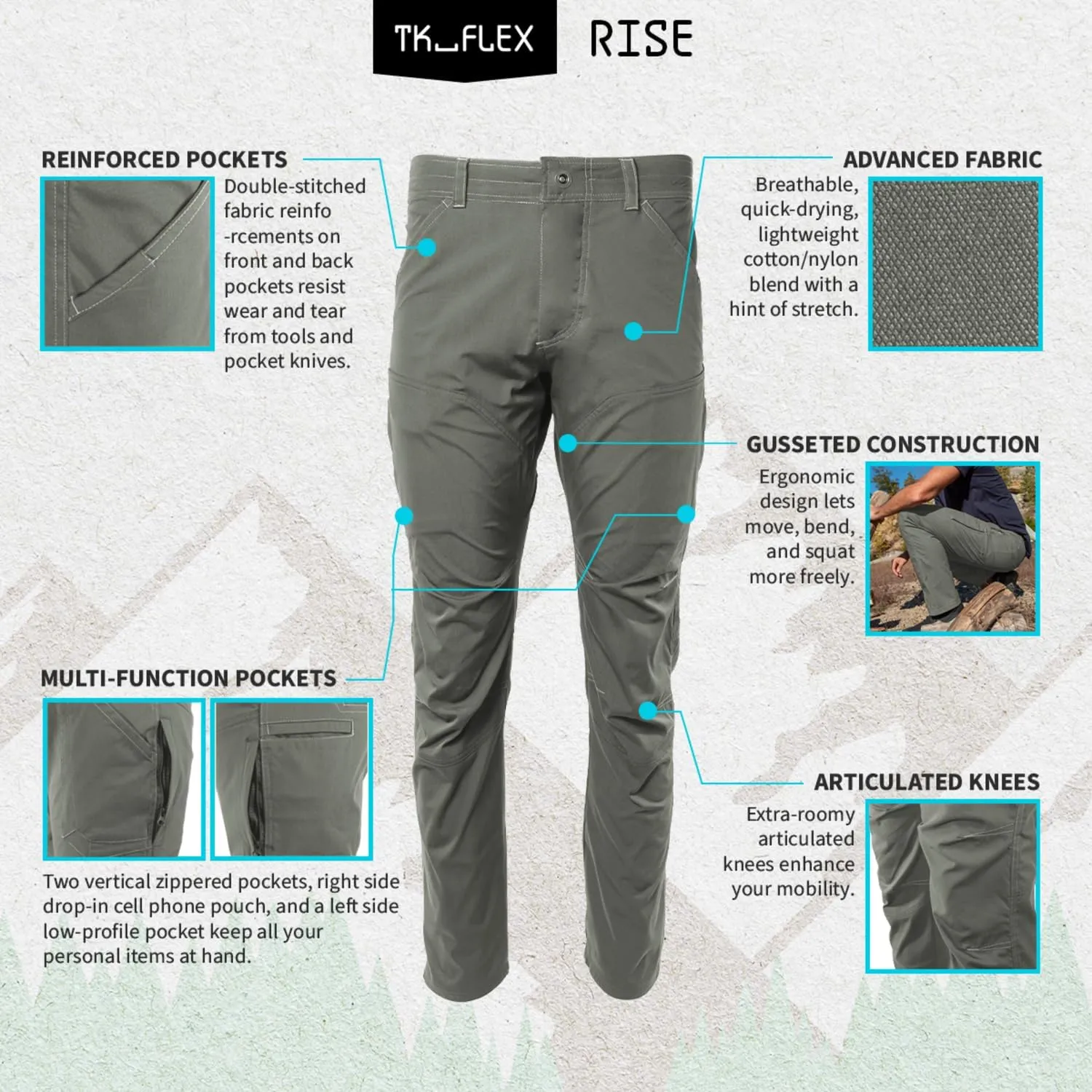 TK Flex Rise Men's Technical Pants Quick Dry Breathable Outdoor Hiking 8 Pockets Deep Gray