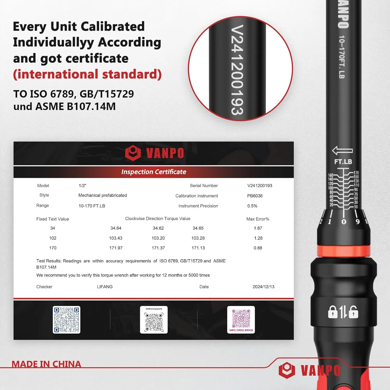 Torque Wrench 1/2-Inch Drive, 10-170.0ft.lb/13.60-230.5Nm,72 Tooth, TRP ABS Plastic Handle, Click Torque Wrench with 1/2" to 3/8" Adapter & 125mm Extension Bar for Moto, Automotive Maintenance