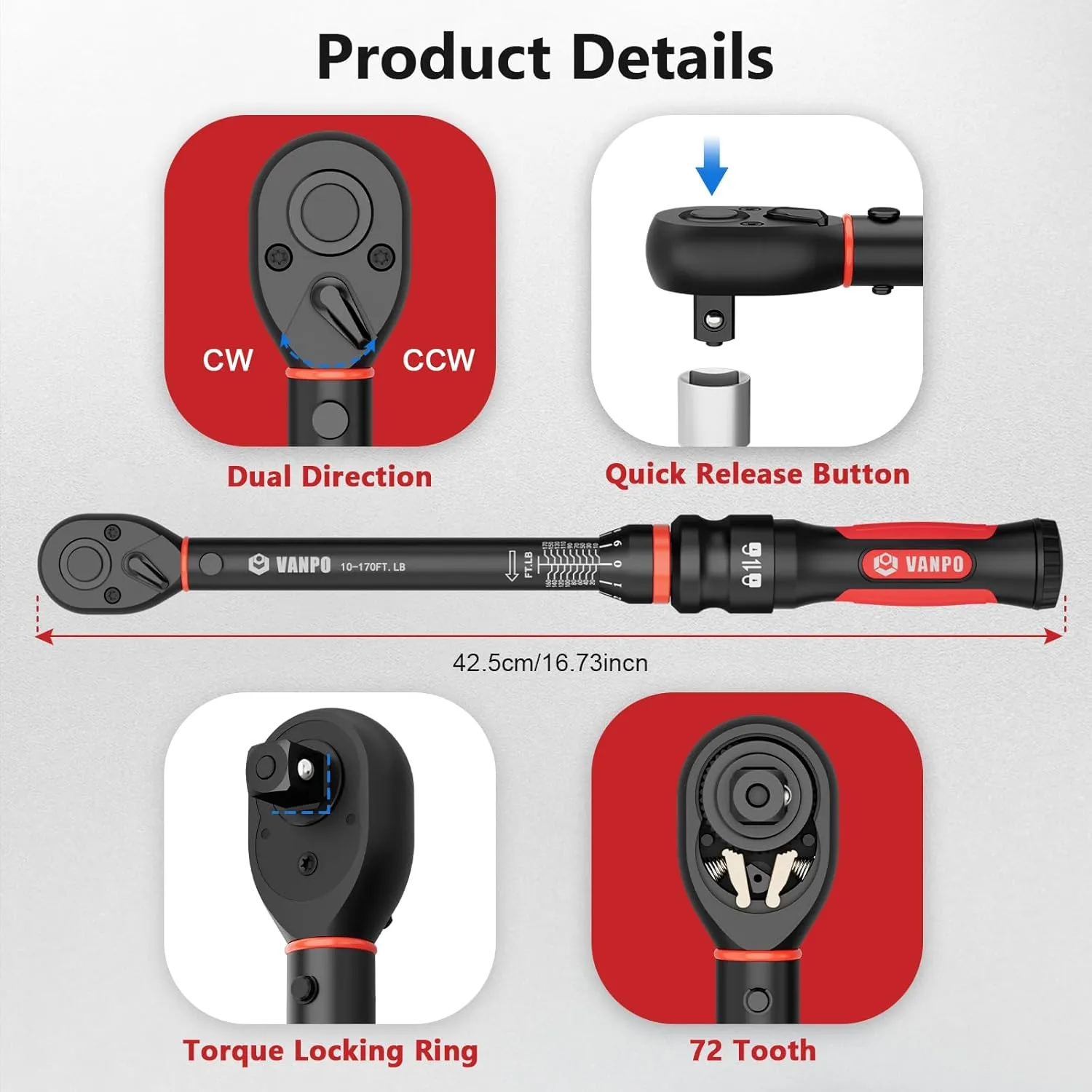 Torque Wrench 1/2-Inch Drive, 10-170.0ft.lb/13.60-230.5Nm,72 Tooth, TRP ABS Plastic Handle, Click Torque Wrench with 1/2" to 3/8" Adapter & 125mm Extension Bar for Moto, Automotive Maintenance