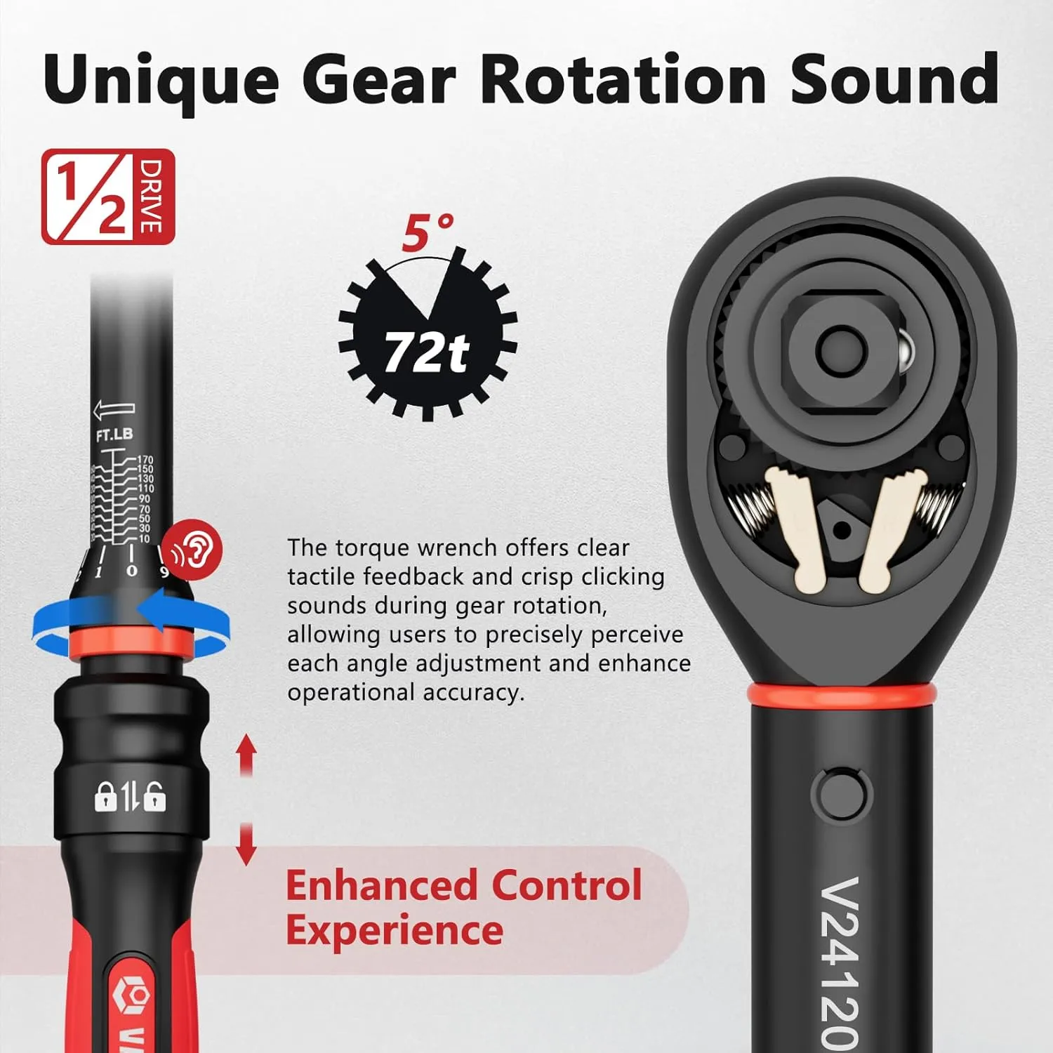 Torque Wrench 1/2-Inch Drive, 10-170.0ft.lb/13.60-230.5Nm,72 Tooth, TRP ABS Plastic Handle, Click Torque Wrench with 1/2" to 3/8" Adapter & 125mm Extension Bar for Moto, Automotive Maintenance