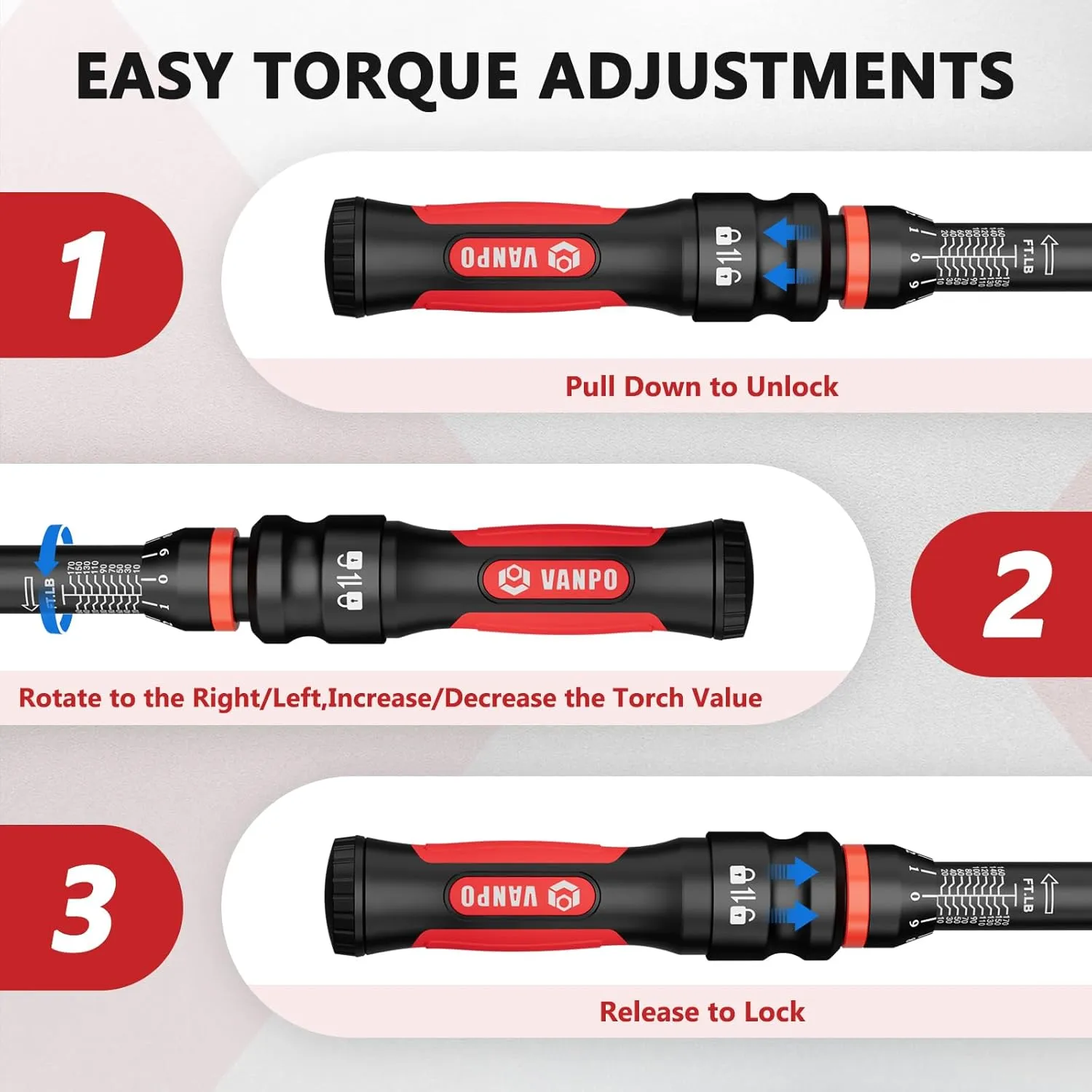 Torque Wrench 1/2-Inch Drive, 10-170.0ft.lb/13.60-230.5Nm,72 Tooth, TRP ABS Plastic Handle, Click Torque Wrench with 1/2" to 3/8" Adapter & 125mm Extension Bar for Moto, Automotive Maintenance