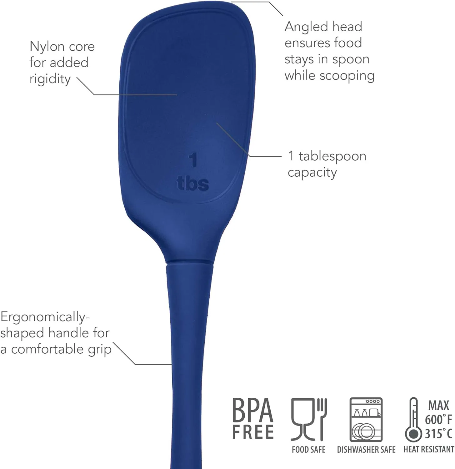 Tovolo Flex-Core All Silicone Spoon with Angled Head & Measuring Marking Perfect for Cooking & Baking, Heat-Resistant & BPA-Free, Dishwasher-Safe, Deep Indigo