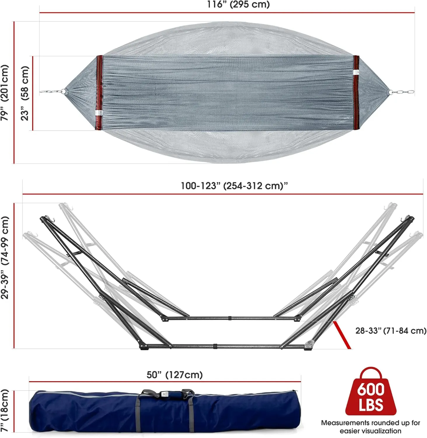 Tranquillo Adjustable Hammock Stand 600 lbs Capacity, Collapsible Camping Hammock and Stand, Double Hammock with Stand for 2 Persons, Quick & Easy Assembly Garden Yard Patio Lawn, Grey