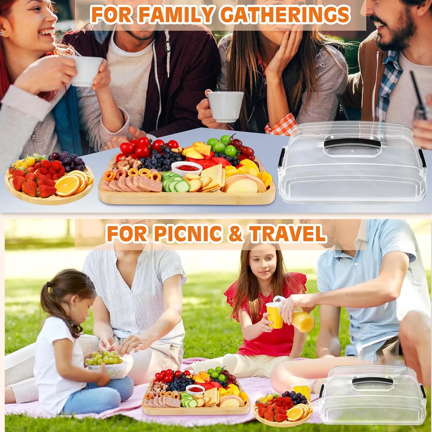Travel Charcuterie Board with Lid, Portable Cheese Charcuterie Board with Cover Accessories Gift Set, Covered Bamboo Traveling Charcuterie Board Box Serving Tray to Go 6 Compartments for Party Beach